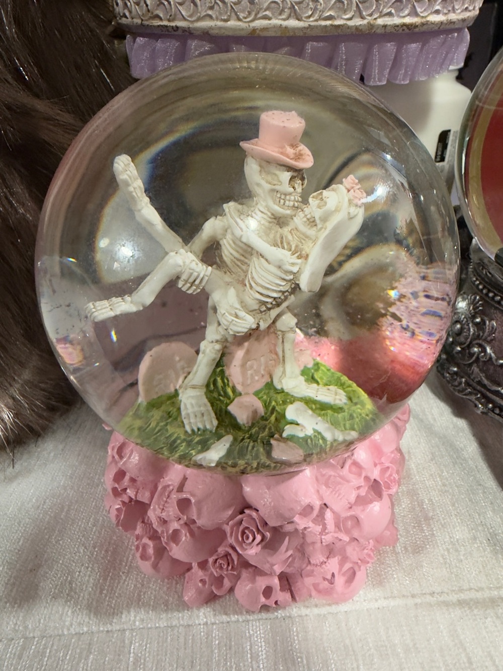 NWT: Pink, White & Green "Skeleton Bride & Groom"Glittery Snow globe